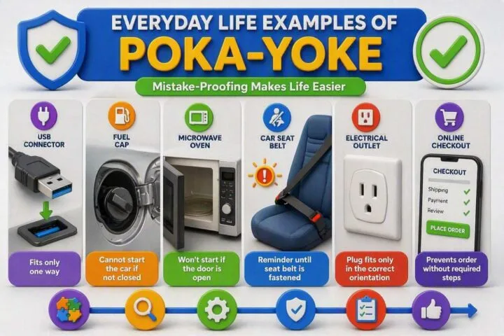 Everyday examples of Poka‑Yoke (Mistake Proofing) showing error-prevention features in daily life, including USB connectors that fit only one way, fuel caps that must be closed, microwaves that won't operate with an open door, seat belt reminders, correctly oriented electrical outlets, and online checkout systems that prevent incomplete orders.