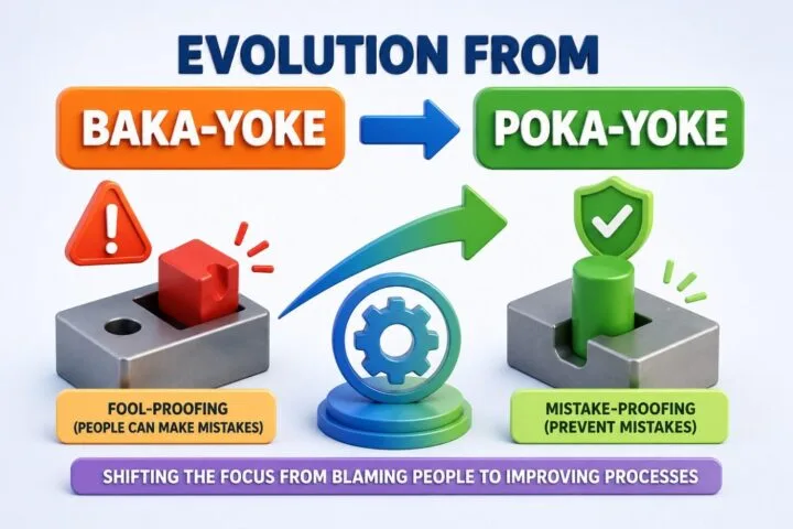 Illustration showing the evolution from Baka‑Yoke to Poka‑Yoke, highlighting the shift from blaming people for mistakes to designing processes that prevent errors. The graphic compares an incorrect part fit with a mistake‑proof design that allows only the correct part to be assembled, improving quality and reducing defects.