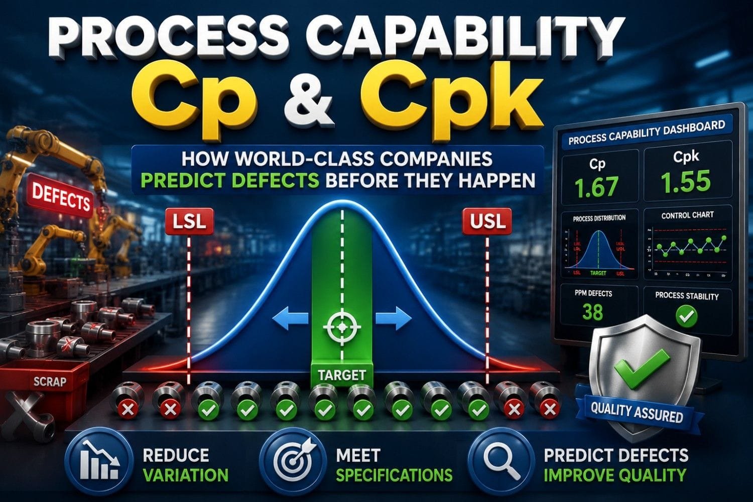 Process capability Cp and Cpk analysis showing specification limits, process variation, defect prediction and quality improvement in manufacturing processes
