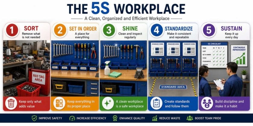 3D infographic explaining the 5S Workplace methodology with the five pillars—Sort, Set in Order, Shine, Standardize, and Sustain—showing an organized manufacturing workstation, visual examples, and the benefits of Lean Manufacturing for workplace organization and continuous improvement.