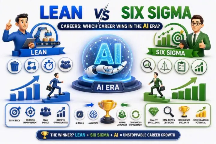 Lean vs Six Sigma careers infographic comparing career growth, AI impact, analytics, process improvement, quality management, and job opportunities in the AI era