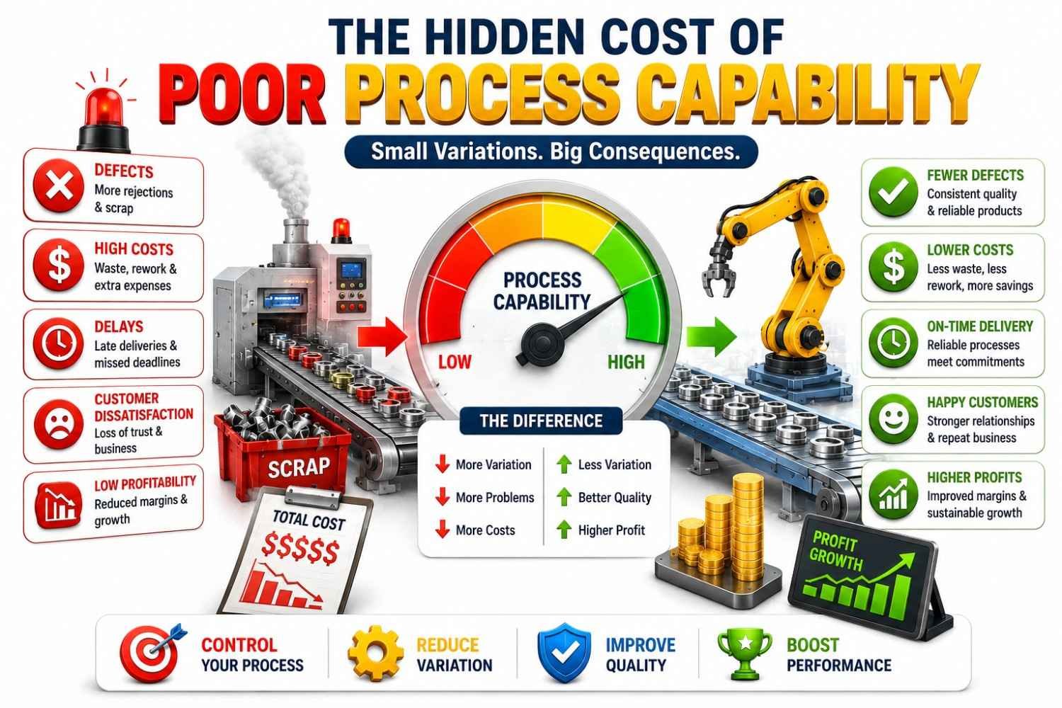 Hidden cost of poor process capability showing how process variation increases defects, scrap, rework and costs while reducing quality, profitability and customer satisfaction