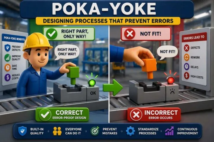 Poka‑Yoke (Mistake Proofing) infographic showing a manufacturing process with a correctly fitted part versus an incorrectly fitted part, demonstrating how error-proof design prevents defects, rework, delays, and unnecessary costs while improving quality and process reliability.