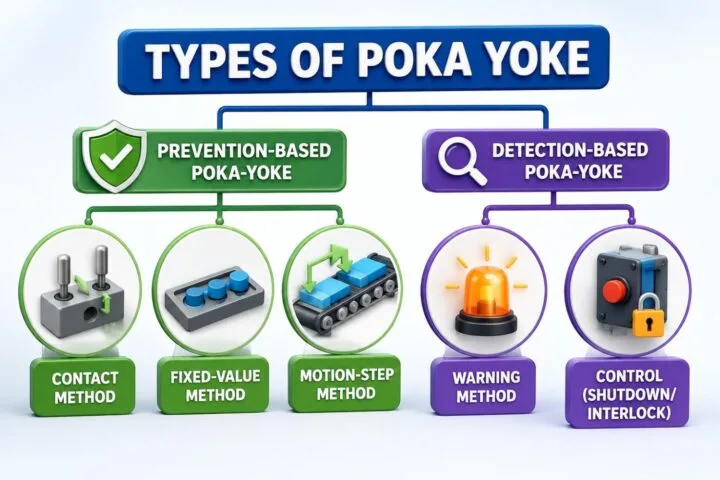 Types of Poka‑Yoke infographic showing prevention-based and detection-based mistake-proofing methods. Prevention methods include contact, fixed-value, and motion-step techniques, while detection methods include warning alarms and control interlock systems designed to prevent defects and improve process quality.