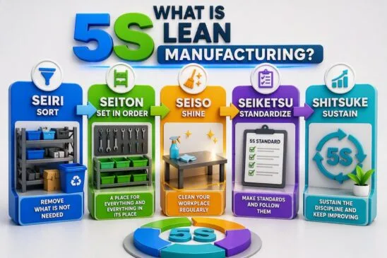 5S Lean Manufacturing infographic showing Seiri Sort, Seiton Set in Order, Seiso Shine, Seiketsu Standardize, and Shitsuke Sustain for workplace organization and continuous improvement.