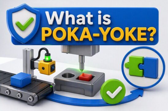What is Poka-Yoke mistake-proofing system showing error-proof manufacturing process with sensors, fixtures, and quality control