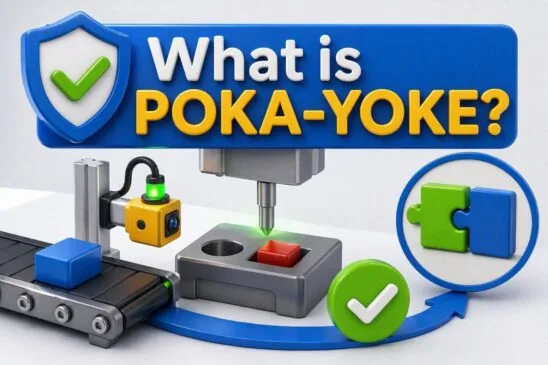 What is Poka-Yoke mistake-proofing system showing error-proof manufacturing process with sensors, fixtures, and quality control