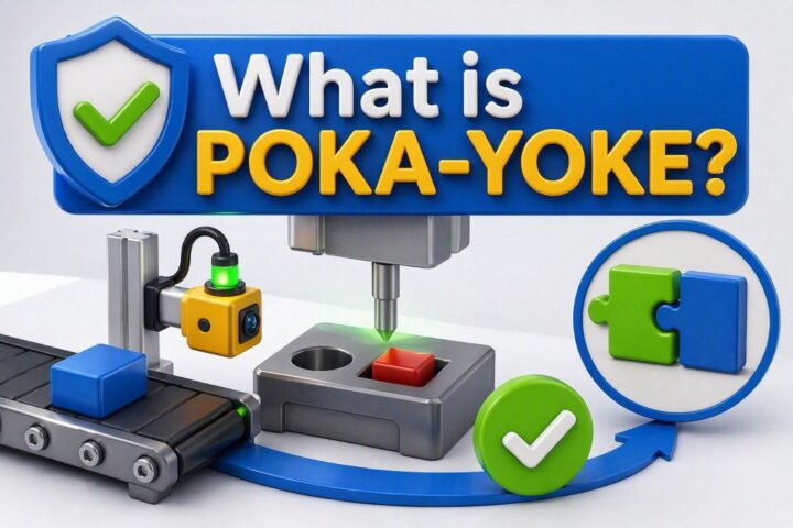 What is Poka-Yoke mistake-proofing system showing error-proof manufacturing process with sensors, fixtures, and quality control