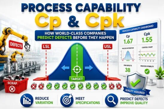 Process Capability Cp and Cpk infographic showing specification limits (LSL and USL), process variation, process centering, defect prediction, quality assurance, manufacturing quality control, and Six Sigma capability analysis.