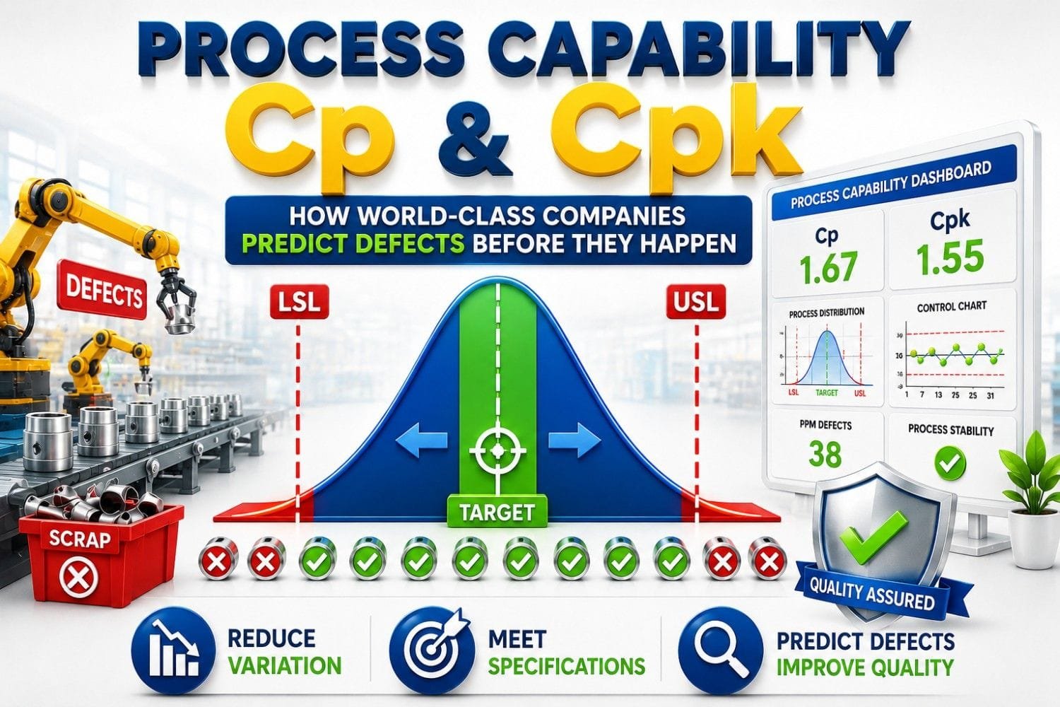 Process Capability Cp and Cpk infographic showing specification limits (LSL and USL), process variation, process centering, defect prediction, quality assurance, manufacturing quality control, and Six Sigma capability analysis.