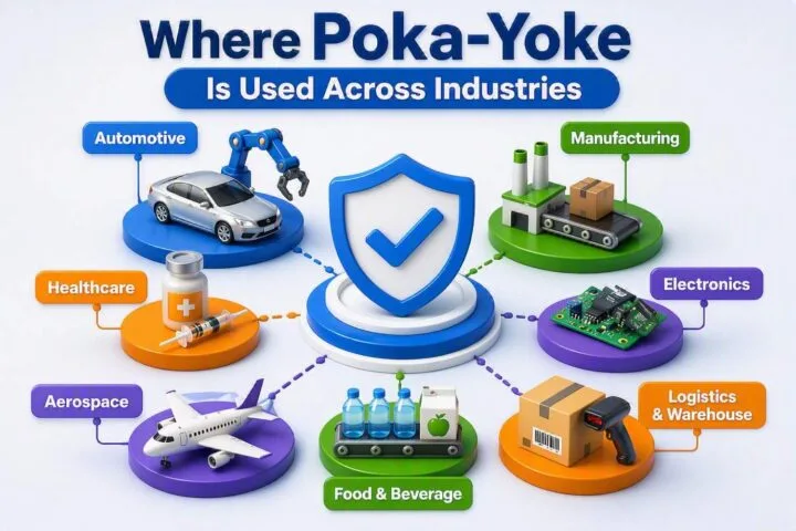 Infographic showing where Poka‑Yoke (Mistake Proofing) is used across industries, including automotive manufacturing, healthcare, aerospace, electronics, food and beverage production, logistics and warehousing, and general manufacturing. The illustration highlights how error‑proofing techniques help prevent defects, improve quality, enhance safety, and increase process reliability in diverse industries.
