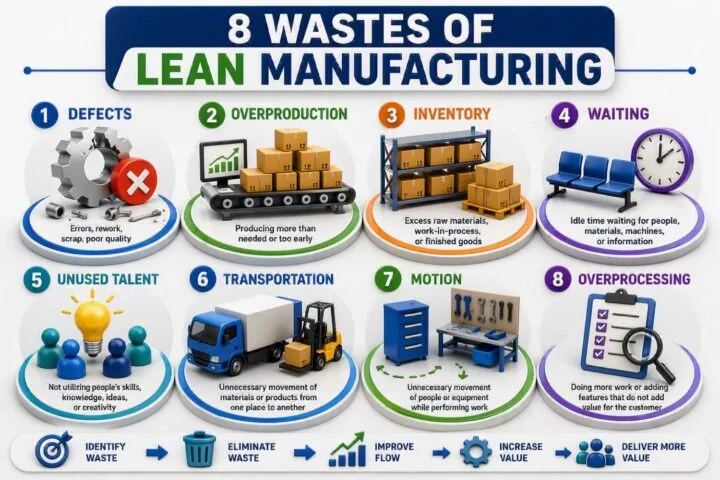 8 Wastes of Lean Manufacturing infographic showing defects, overproduction, inventory, waiting, unused talent, transportation, motion, and overprocessing with 3D visual examples for Lean waste reduction.