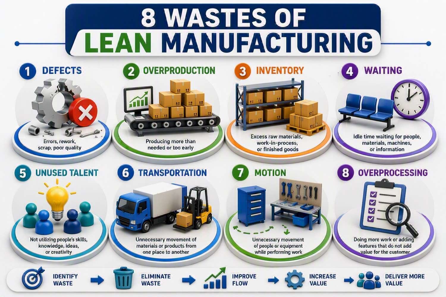 8 Wastes of Lean Manufacturing infographic showing defects, overproduction, inventory, waiting, unused talent, transportation, motion, and overprocessing with 3D visual examples for Lean waste reduction.