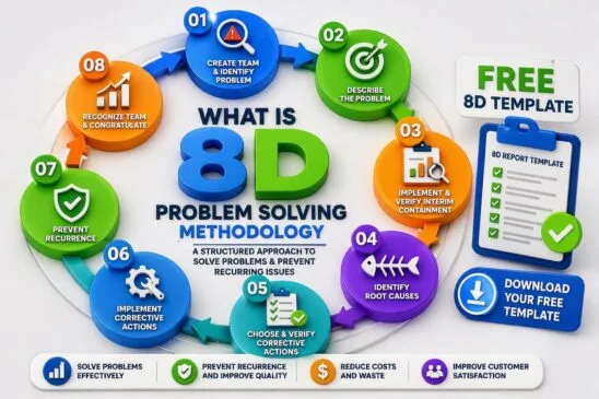 8D Problem Solving Methodology infographic showing eight circular steps, free 8D template, root cause analysis, corrective actions, recurrence prevention, and customer satisfaction improvement.