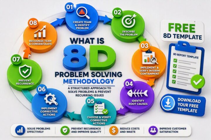 8D Problem Solving Methodology infographic showing eight circular steps, free 8D template, root cause analysis, corrective actions, recurrence prevention, and customer satisfaction improvement.