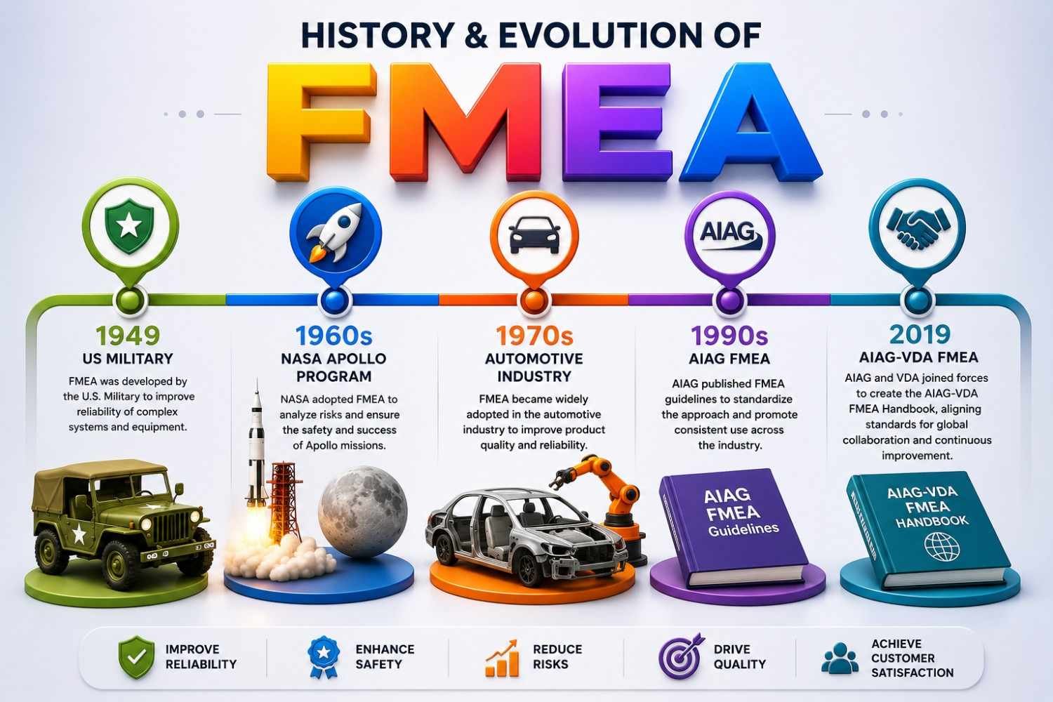 History and evolution of FMEA timeline showing the development of Failure Mode and Effects Analysis from the U.S. Military in 1949 through NASA Apollo missions, the automotive industry, AIAG FMEA, and AIAG-VDA FMEA.