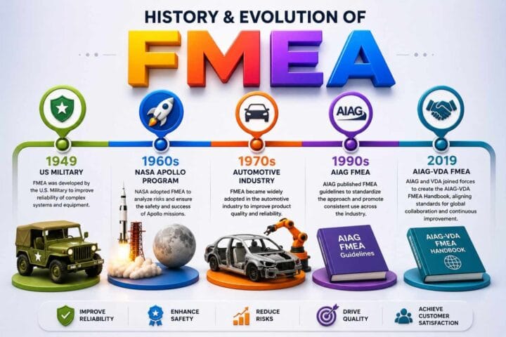 Timeline infographic illustrating the history and evolution of Failure Mode and Effects Analysis (FMEA), from U.S. military applications in 1949, NASA Apollo missions in the 1960s, automotive industry adoption in the 1970s, AIAG FMEA guidelines in the 1990s, and the AIAG-VDA FMEA Handbook in 2019. The infographic highlights FMEA's role in improving reliability, safety, quality, risk reduction, and customer satisfaction
