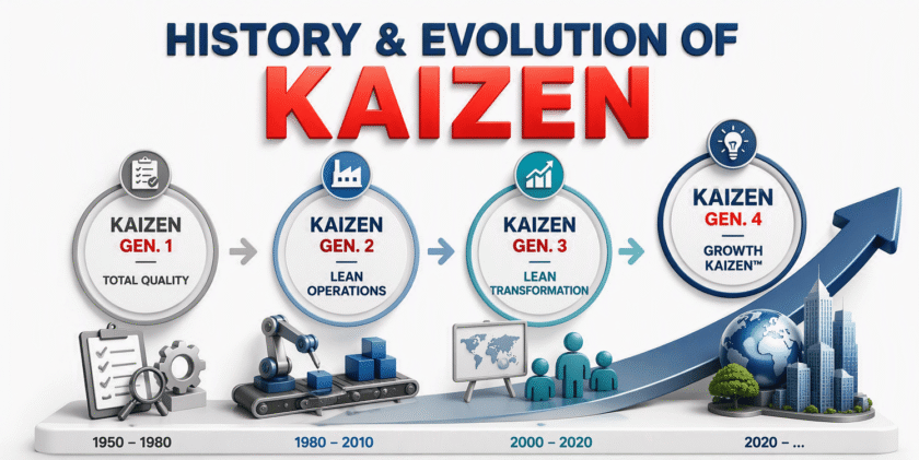 History and evolution of Kaizen infographic showing the development of Kaizen from total quality and Lean operations to Lean transformation and growth Kaizen.