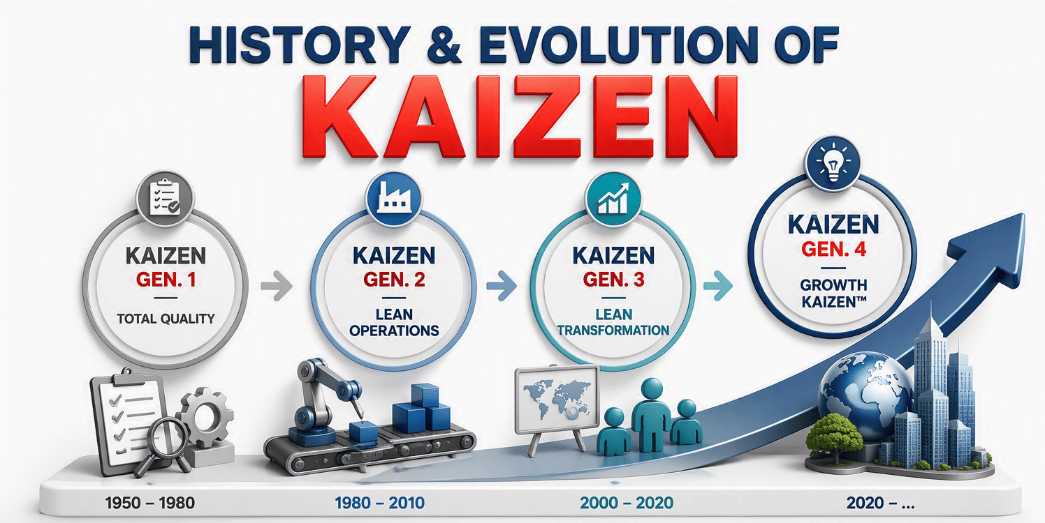History and evolution of Kaizen infographic showing the development of Kaizen from total quality and Lean operations to Lean transformation and growth Kaizen.