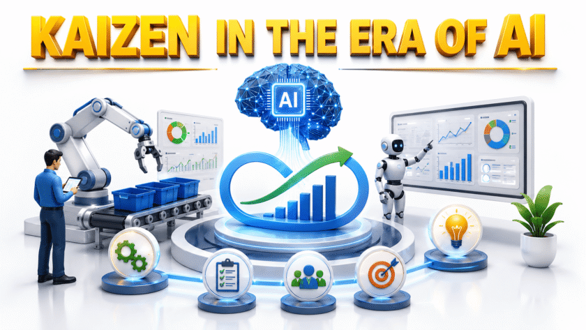 Kaizen in the Era of AI infographic showing artificial intelligence, automation, analytics dashboards, robotics, and continuous improvement for operational excellence.Show more lines