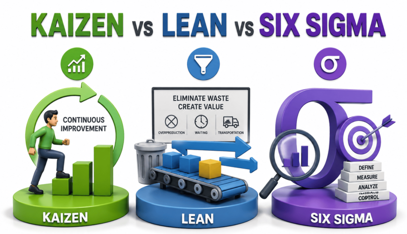 Kaizen vs Lean vs Six Sigma infographic comparing continuous improvement, waste elimination, and defect reduction for operational excellence.