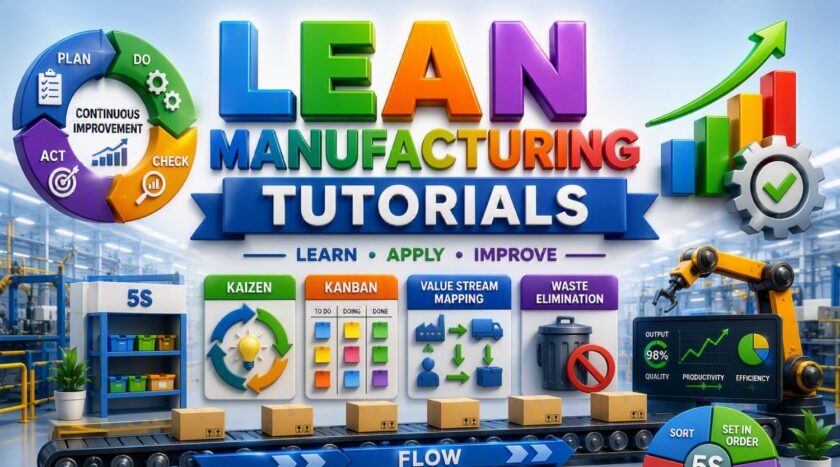 Lean Manufacturing Tutorials covering 5S, Kaizen, Kanban, Value Stream Mapping, Waste Elimination, Continuous Improvement, and Lean tools for operational excellence