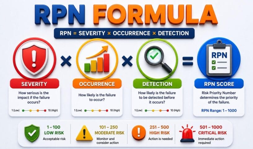 Infographic explaining the FMEA Risk Priority Number (RPN) formula, where RPN equals Severity × Occurrence × Detection. The diagram illustrates how failure impact severity, likelihood of occurrence, and ability to detect failures are combined to calculate an RPN score ranging from 1 to 1000. It also categorizes risks as low, moderate, high, or critical to support risk prioritization and corrective actions.