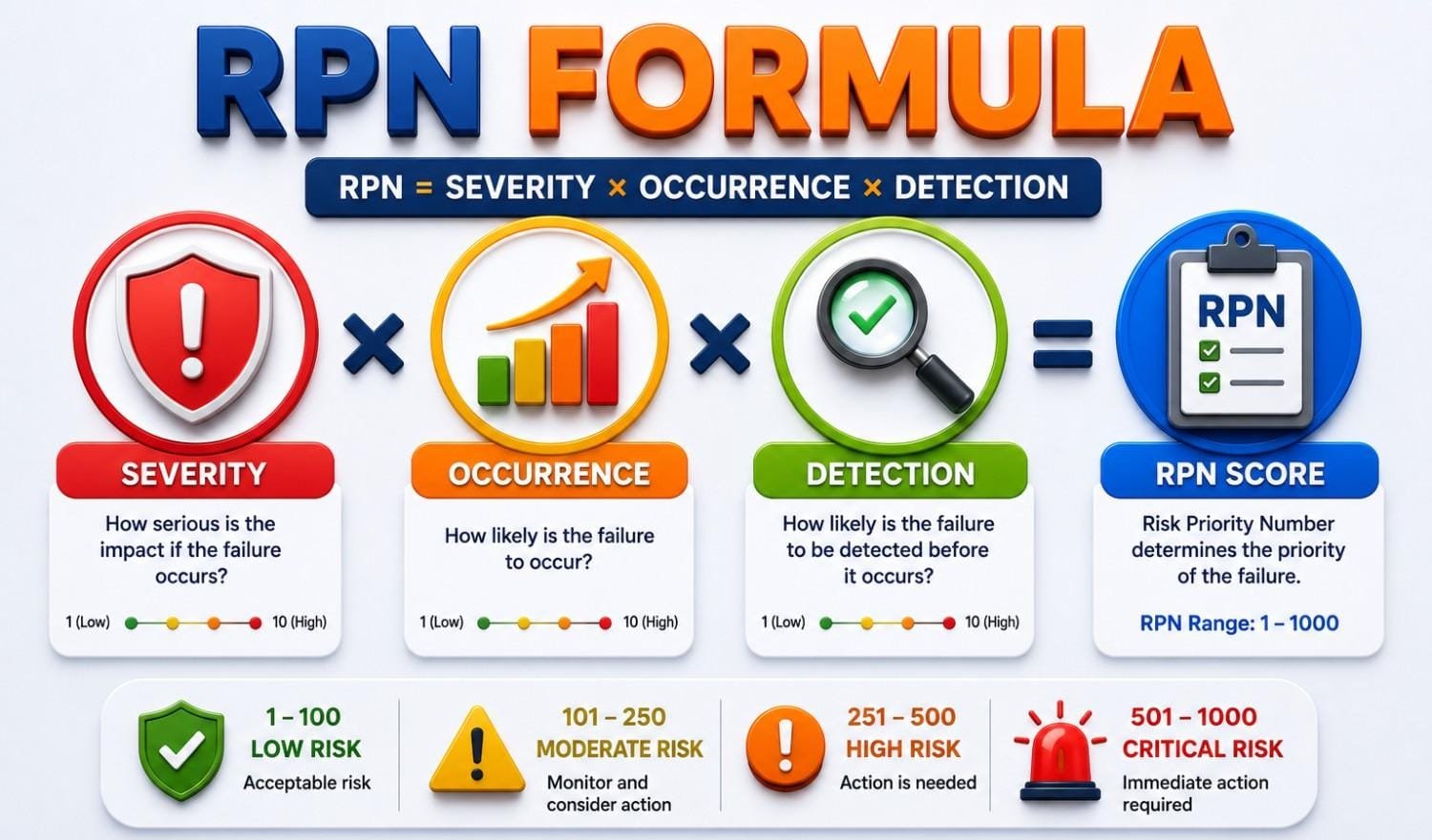 Infographic explaining the FMEA Risk Priority Number (RPN) formula, where RPN equals Severity × Occurrence × Detection. The diagram illustrates how failure impact severity, likelihood of occurrence, and ability to detect failures are combined to calculate an RPN score ranging from 1 to 1000. It also categorizes risks as low, moderate, high, or critical to support risk prioritization and corrective actions.