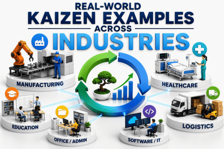 Real-world Kaizen examples across industries infographic showing continuous improvement in manufacturing, healthcare, logistics, education, office admin, and software IT.