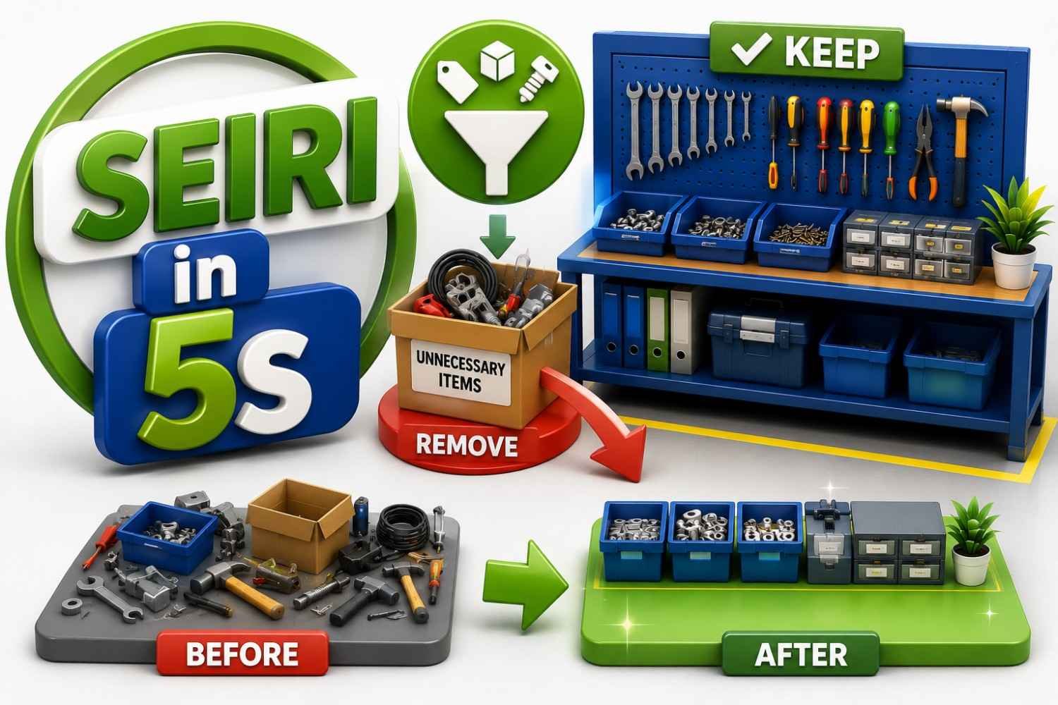 Seiri (Sort) in 5S showing the removal of unnecessary items from the workplace to improve organization, safety, and efficiency.