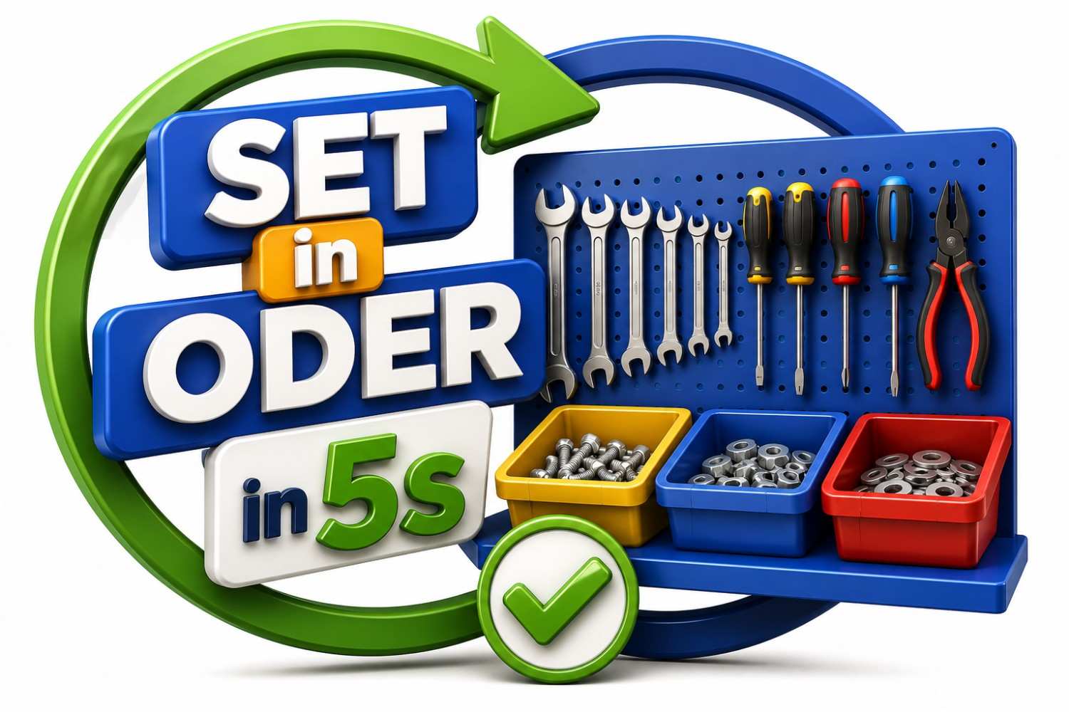 Set in Order (Seiton) in 5S showing organized tools, labeled storage, shadow boards, and a well-arranged workplace for improved efficiency.