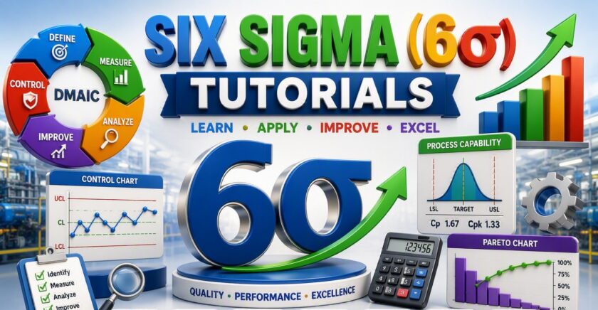 Six Sigma 6 Sigma Tutorials covering DMAIC, process capability, control charts, Pareto analysis, quality improvement, Lean Six Sigma tools, and process optimization