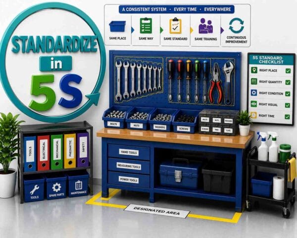 Standardize in 5S showing standardized work instructions, color-coded tool organization, labels, visual controls, and a clean workstation.