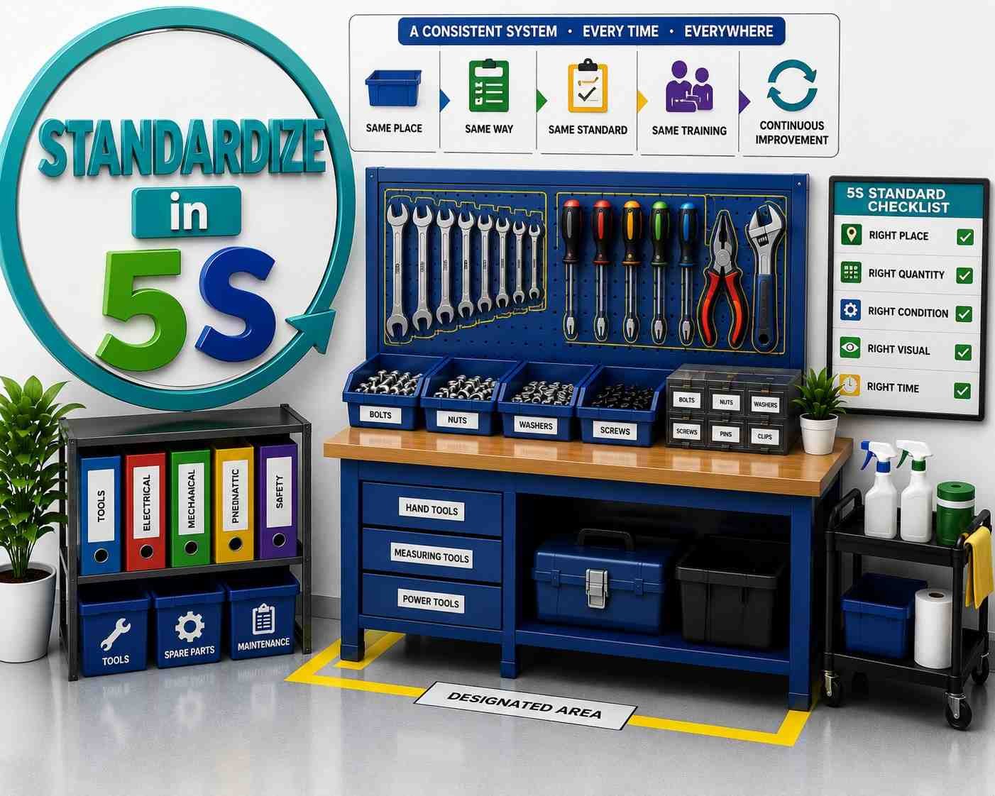 Standardize in 5S showing standardized work instructions, color-coded tool organization, labels, visual controls, and a clean workstation.