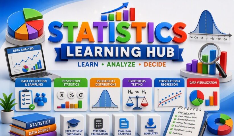 Statistics Learning Hub with data analysis, descriptive statistics, probability distributions, hypothesis testing, correlation and regression, data visualization tutorials and calculators
