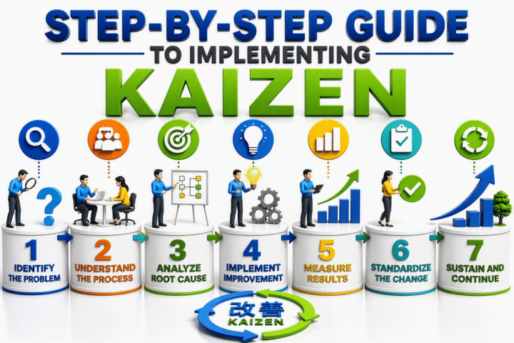 Step-by-step guide to implementing Kaizen infographic showing seven stages: identify the problem, understand the process, analyze root cause, implement improvement, measure results, standardize the change, and sustain continuous improvement.Show more lines