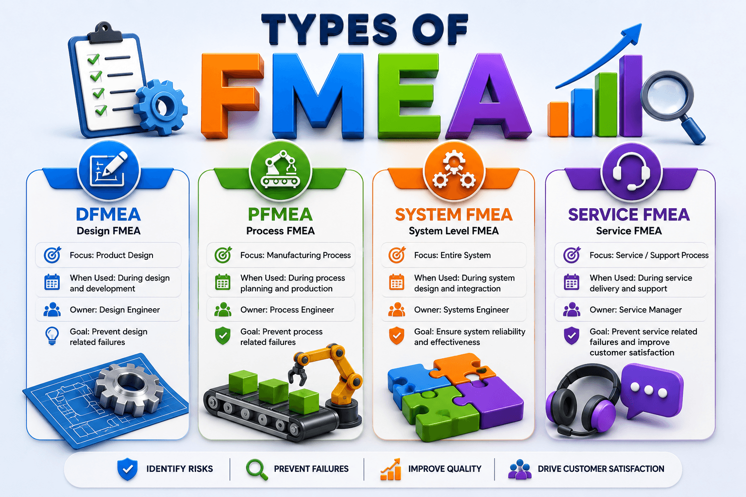 Infographic explaining the four main types of Failure Mode and Effects Analysis (FMEA): Design FMEA (DFMEA) for product design risks, Process FMEA (PFMEA) for manufacturing process risks, System FMEA for system-level failures and integration risks, and Service FMEA for service and support process risks. The infographic highlights risk identification, failure prevention, quality improvement, and customer satisfaction
