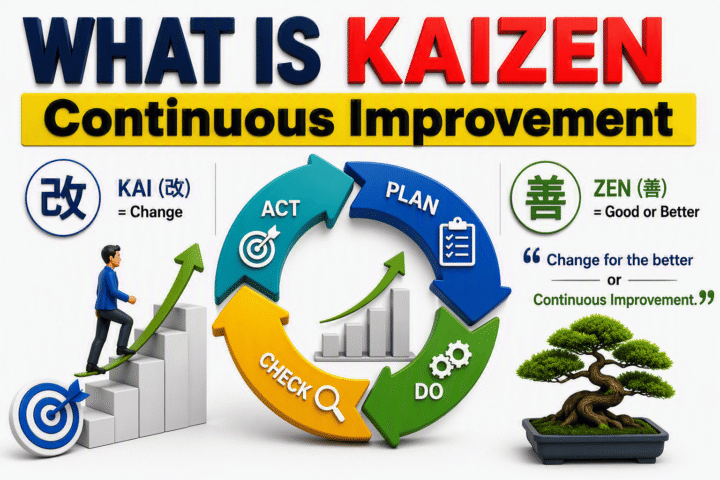 What is Kaizen infographic explaining continuous improvement, Kai as change, Zen as good or better, and the PDCA cycle for change for the better.