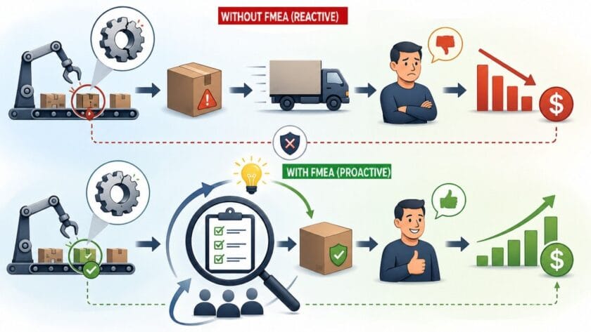 Infographic showing the difference between reactive problem solving without FMEA and proactive risk prevention with FMEA. Without FMEA, failures reach customers causing dissatisfaction and financial losses. With FMEA, risks are identified early, leading to improved product quality, customer satisfaction, and business performance
