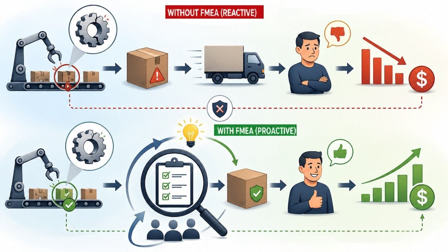 Infographic showing the difference between reactive problem solving without FMEA and proactive risk prevention with FMEA. Without FMEA, failures reach customers causing dissatisfaction and financial losses. With FMEA, risks are identified early, leading to improved product quality, customer satisfaction, and business performance