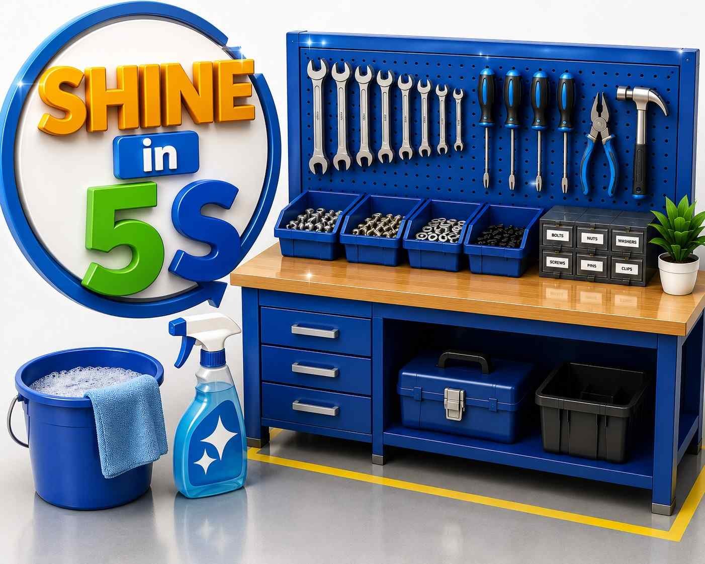 Seiso (Shine) in 5S Lean Manufacturing showing workplace cleaning, equipment inspection, and a clean, organized work area.