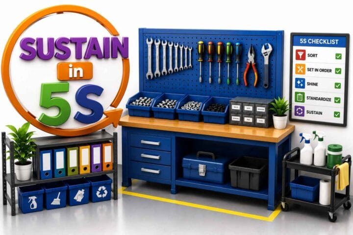 Shitsuke (Sustain) in 5S Lean Manufacturing showing a standardized workplace, 5S audit checklist, organized tools, and continuous improvement.
