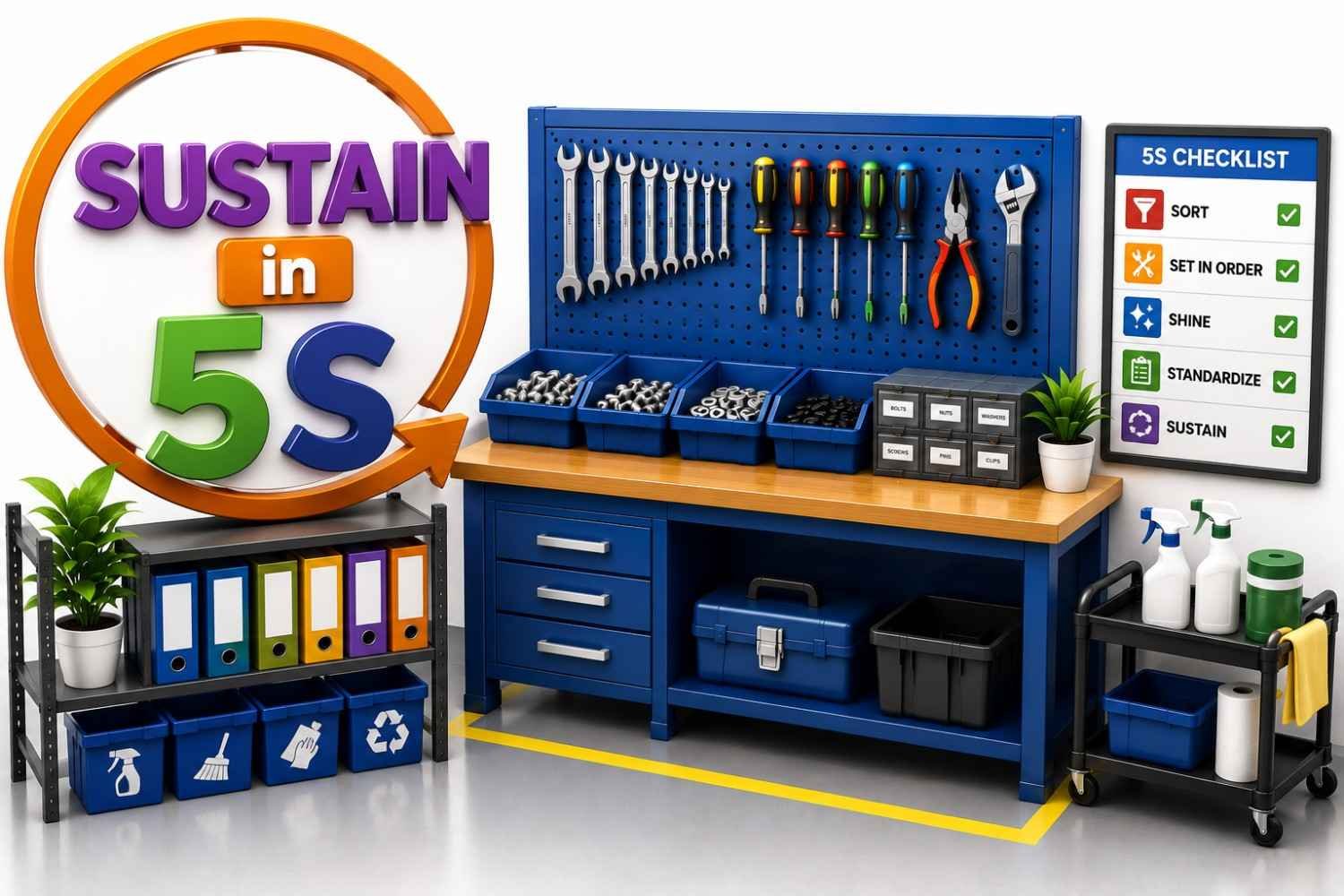 Shitsuke (Sustain) in 5S Lean Manufacturing showing a standardized workplace, 5S audit checklist, organized tools, and continuous improvement.