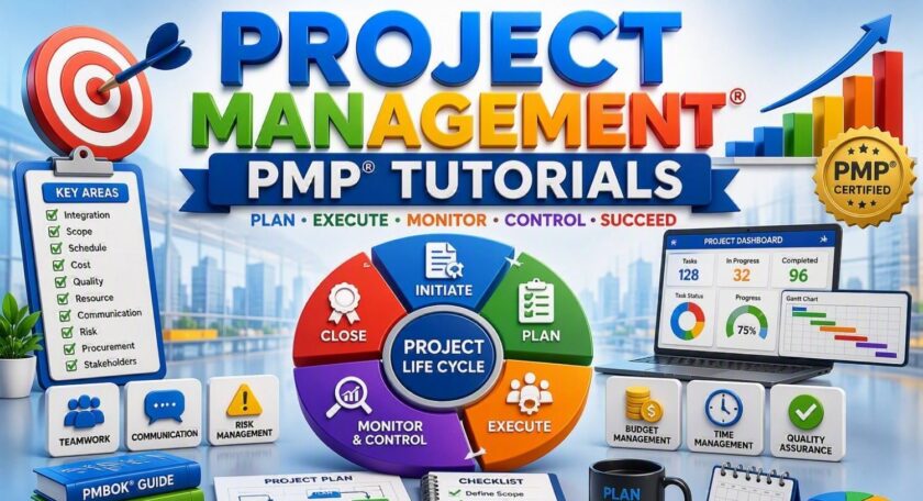 Project Management PMP tutorials covering project life cycle, project planning, execution, monitoring and control, risk management, schedule management, budget management, and PMBOK concepts