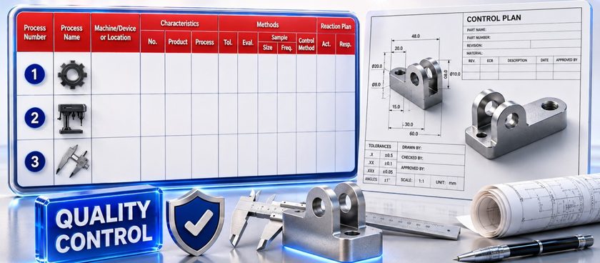Quality engineer using a Control Plan on the shop floor to inspect manufactured components and monitor critical quality characteristics.