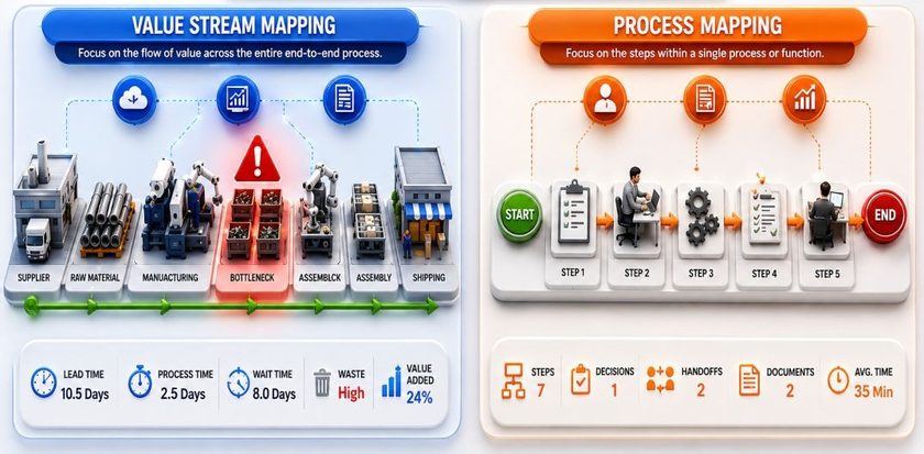 Value Stream Mapping vs Process Mapping comparison showing how VSM analyzes end-to-end material and information flow, while Process Mapping focuses on individual process steps and activities.