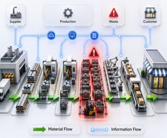 Value Stream Mapping (VSM) illustration showing material flow and information flow across a manufacturing process, highlighting bottlenecks, inventory, waste, and process improvement opportunities.