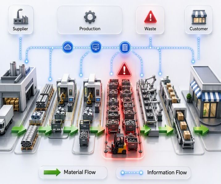Value Stream Mapping: Analyze Current State and Design Future State Value Stream Mapping (VSM) illustration showing material flow and information flow across a manufacturing process, highlighting bottlenecks, inventory, waste, and process improvement opportunities.