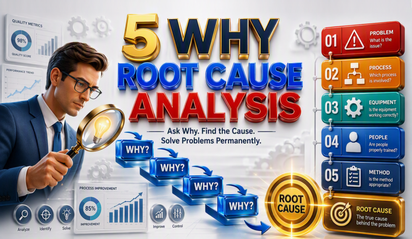 5 Whys Root Cause Analysis infographic showing a five-step questioning process used to identify the underlying cause of a problem