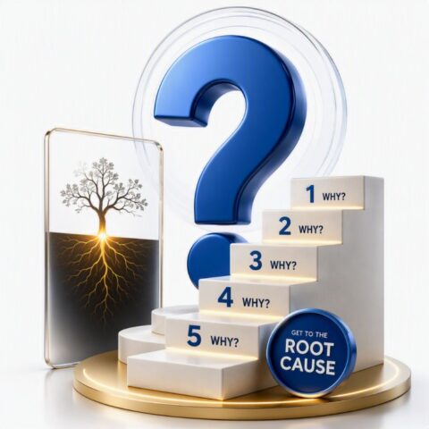 5 Whys Root Cause Analysis infographic showing a five-step questioning process used to identify the underlying cause of a problem